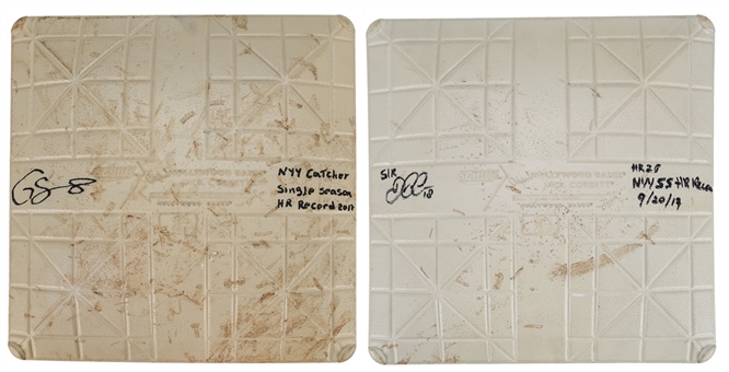 Lot of (2) Gary Sanchez and Didi Gregorious Game Used and Signed Milestone Home Run Game Bases (Steiner & MLB Authenticated)